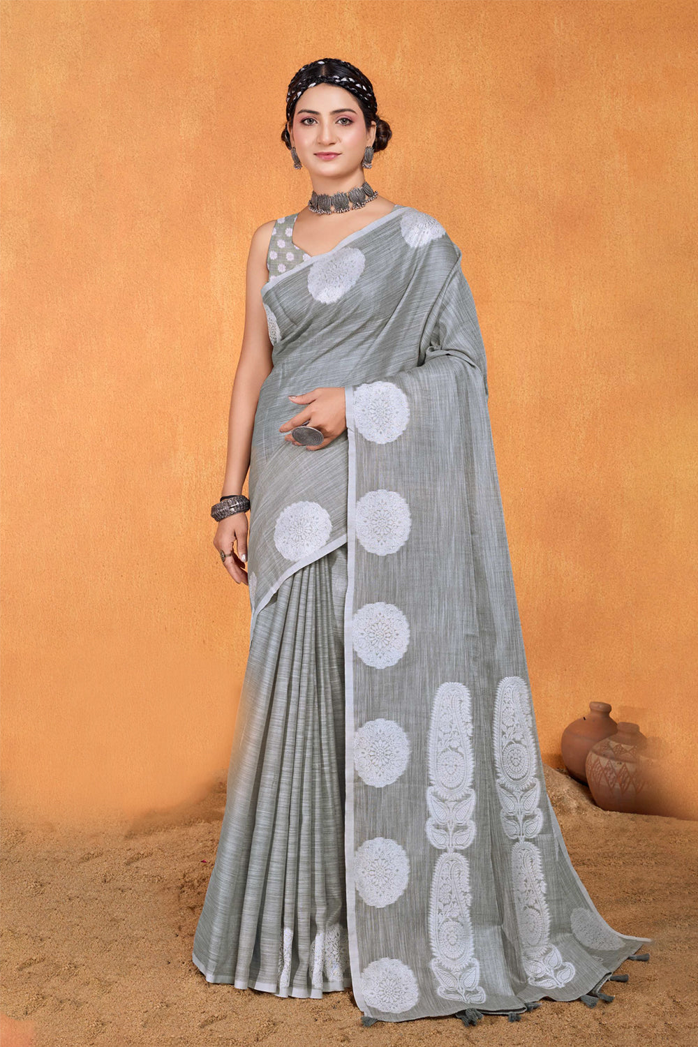 Cotton Silver Resham Motifs
