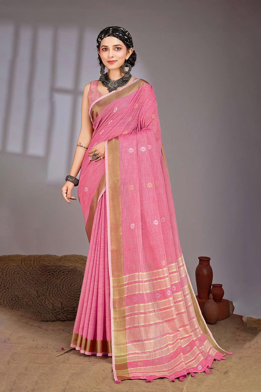 Cotton Jari Border With Resham Motifs