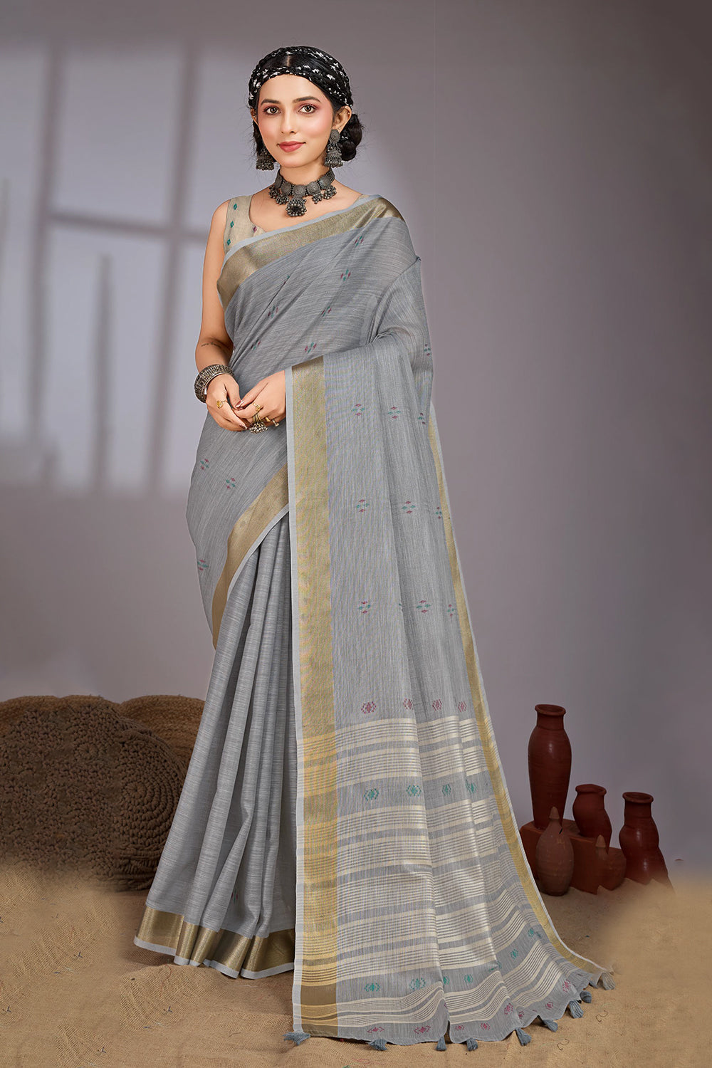 Cotton Jari Border With Resham Motifs