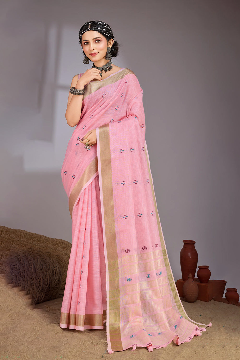Cotton Jari Border With Resham Motifs