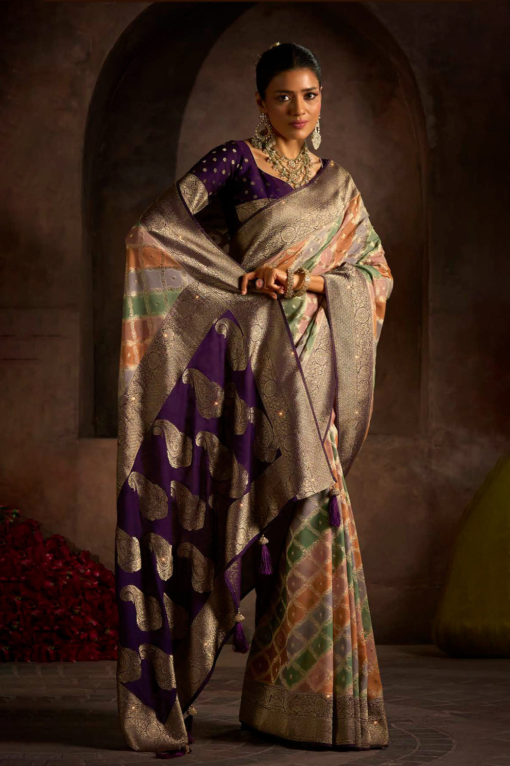 Georgette Multicolour Rangkat Weave With Sarowski Work