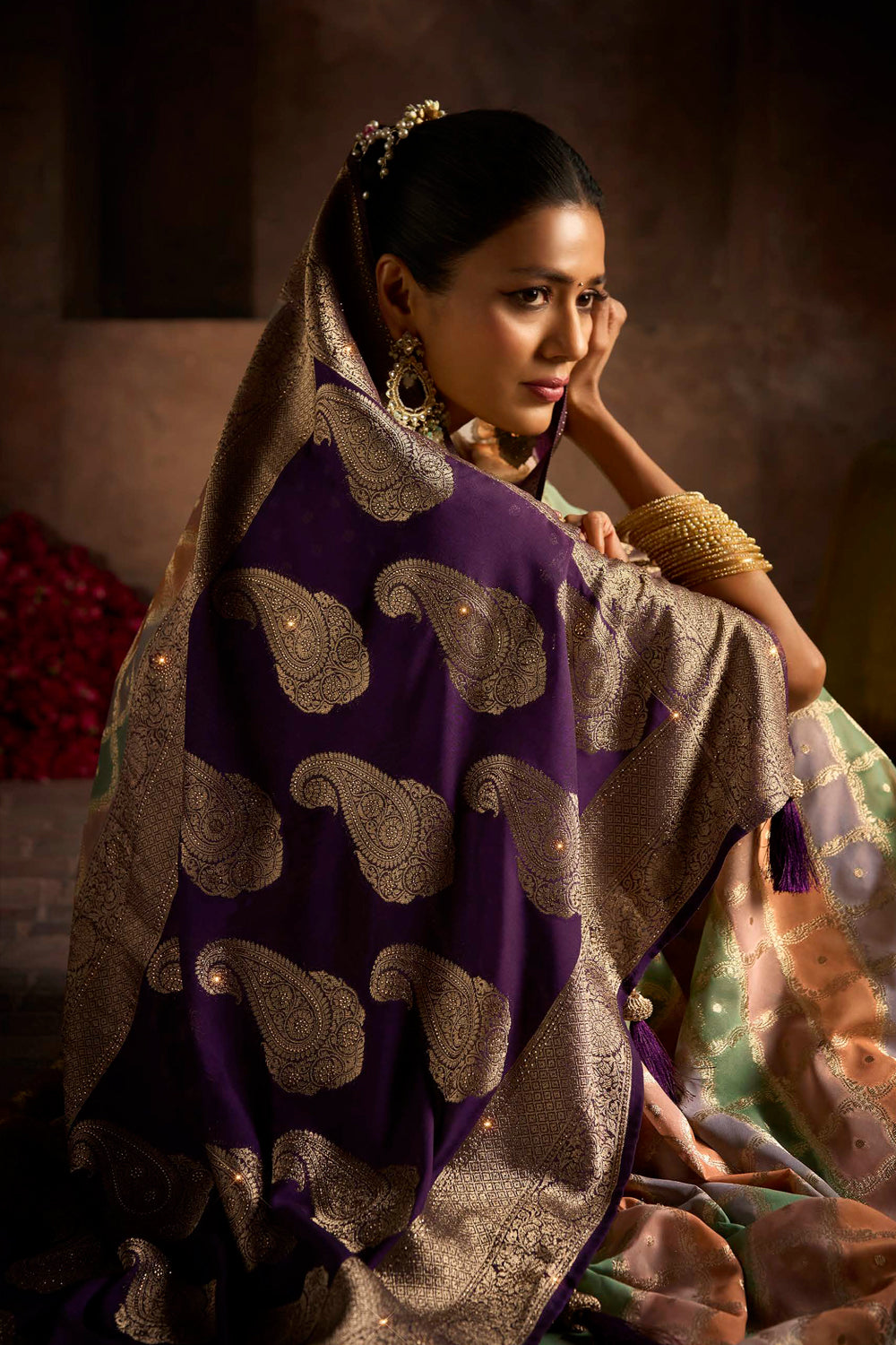 Georgette Multicolour Rangkat Weave With Sarowski Work