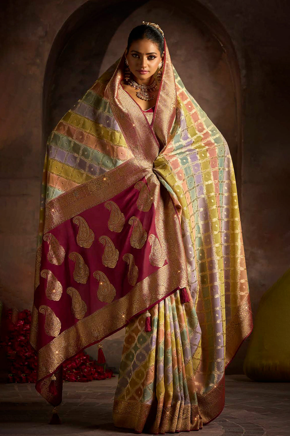 Georgette Multicolour Rangkat Weave With Sarowski Work