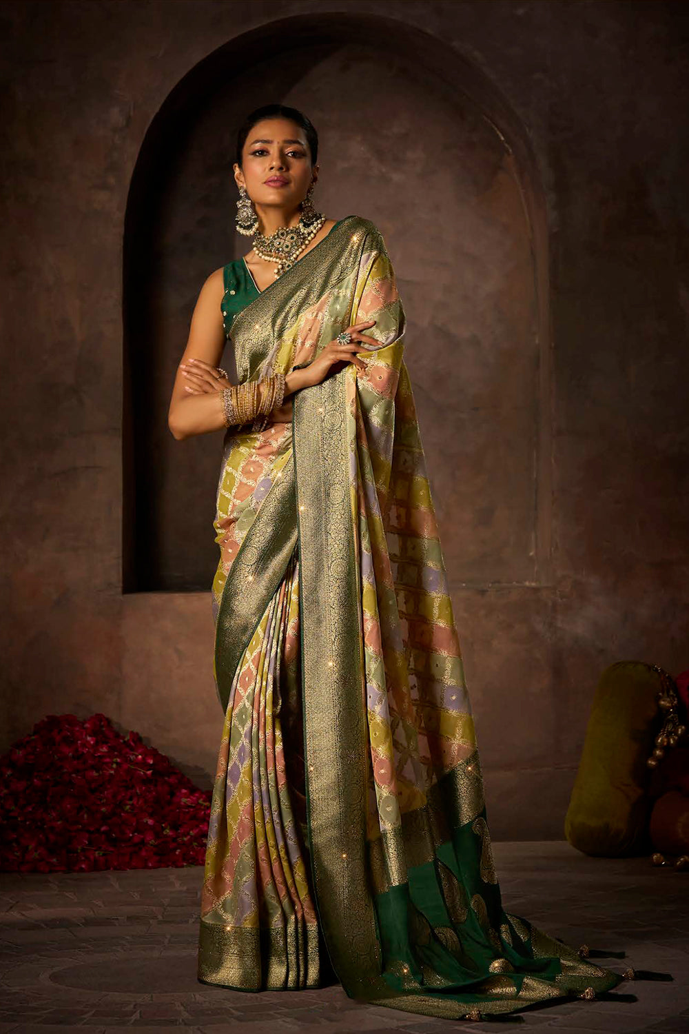 Georgette Multicolour Rangkat Weave With Sarowski Work