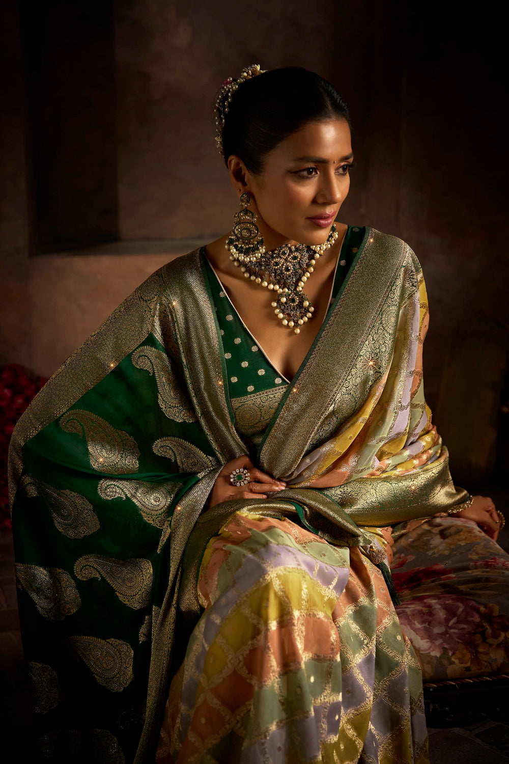 Georgette Multicolour Rangkat Weave With Sarowski Work