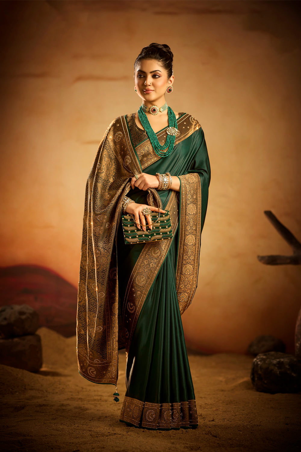 Satin Designer Plain Body Satin Weave With Sarowski Border