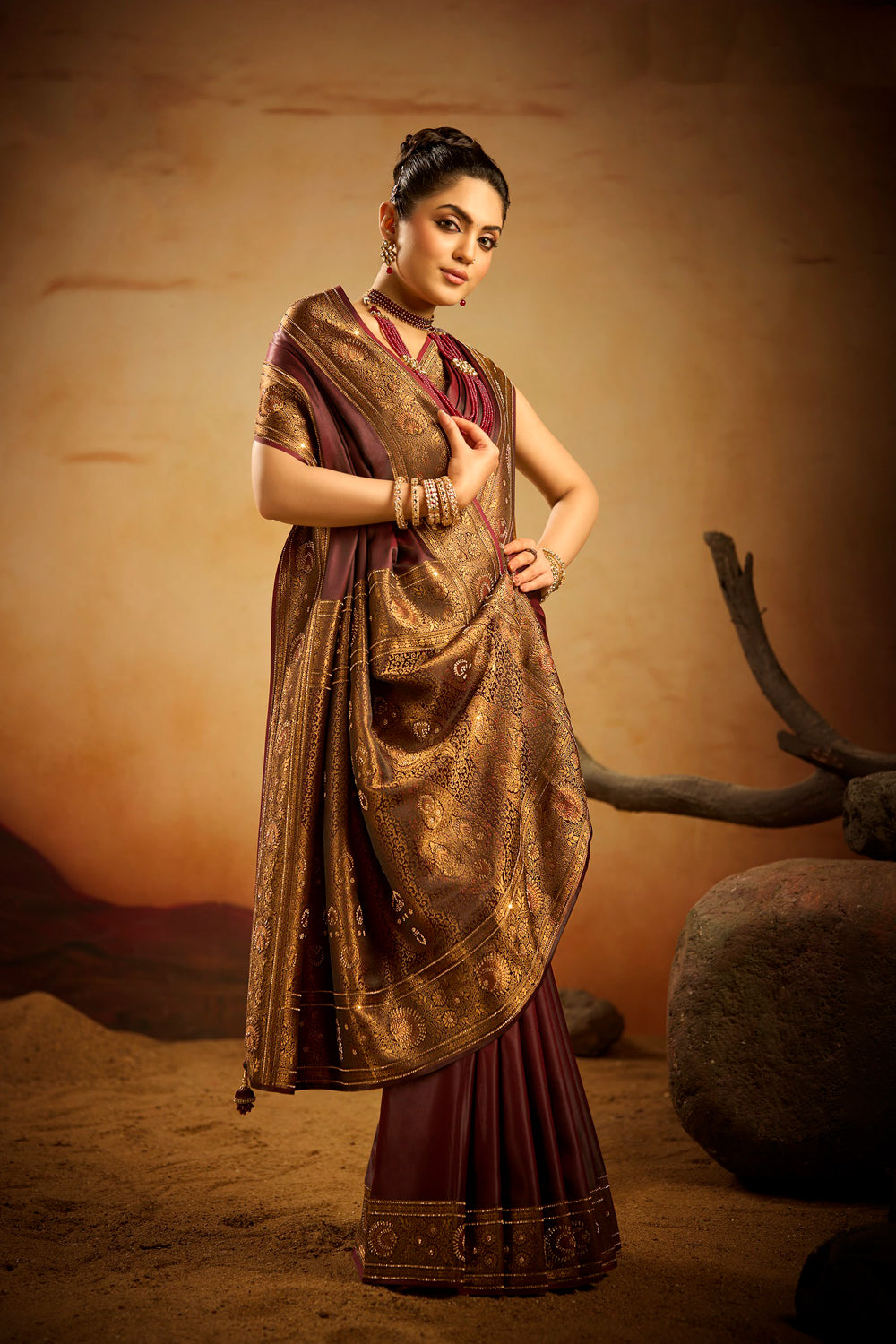 Satin Designer Plain Body Satin Weave With Sarowski Border