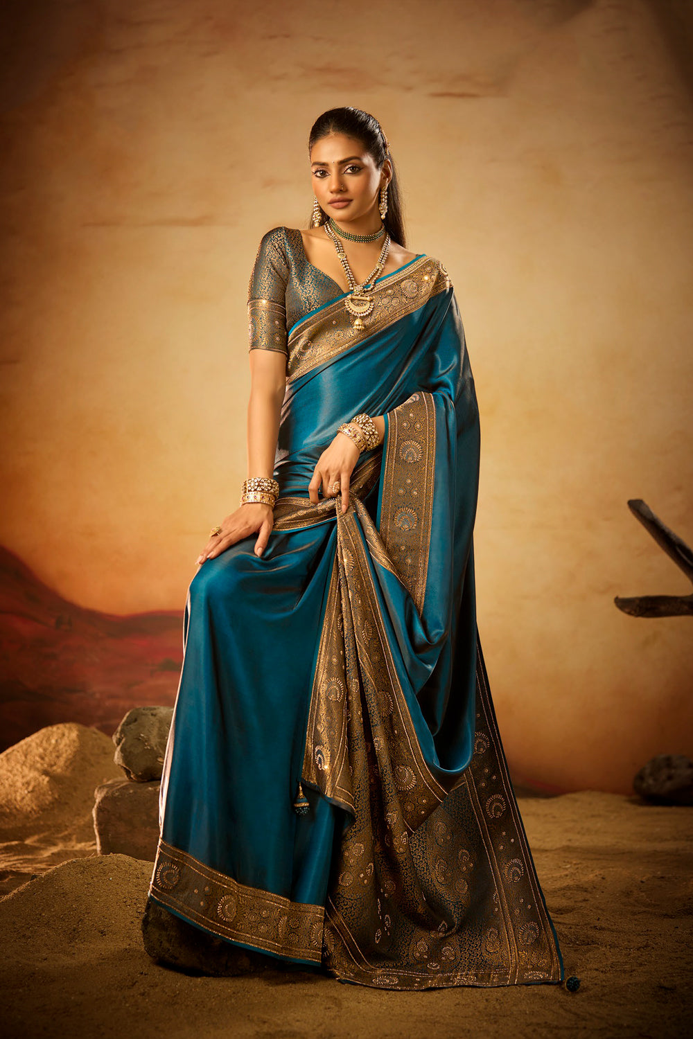 Satin Designer Plain Body Satin Weave With Sarowski Border