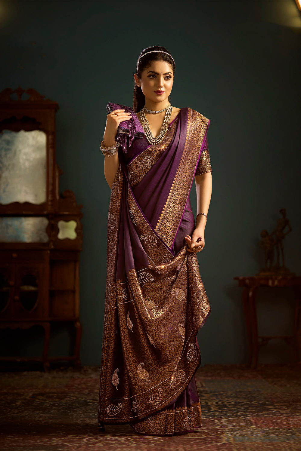 Satin Designer Plain Body Satin Weave With Sarowski Border