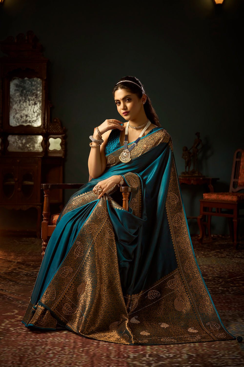 Satin Designer Plain Body Satin Weave With Sarowski Border