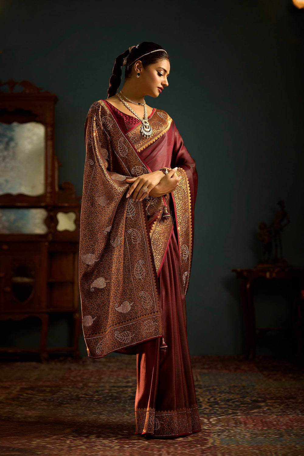 Satin Designer Plain Body Satin Weave With Sarowski Border