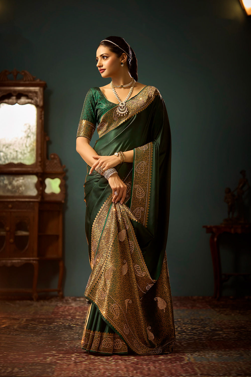 Satin Designer Plain Body Satin Weave With Sarowski Border
