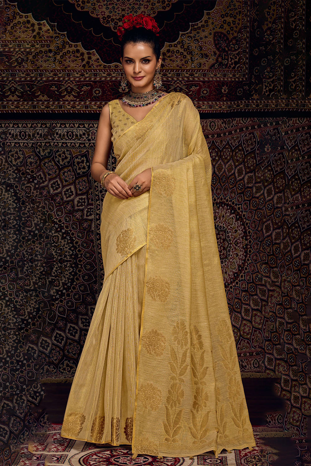 Cotton Linen Tissue Weave With Jari Motifs