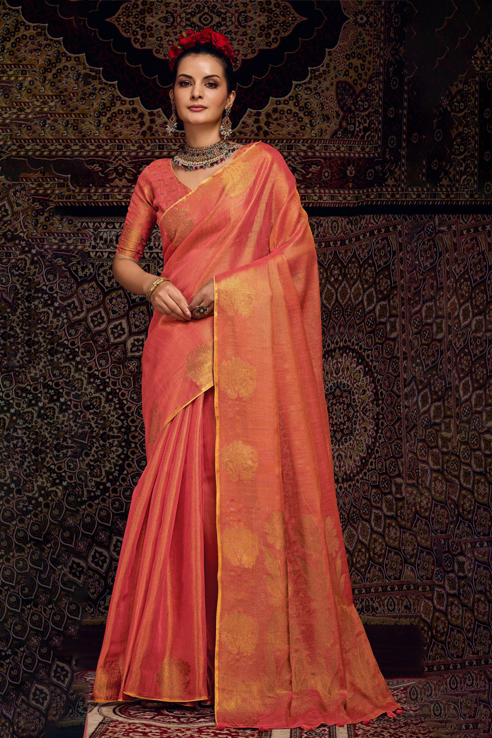 Cotton Linen Tissue Weave With Jari Motifs