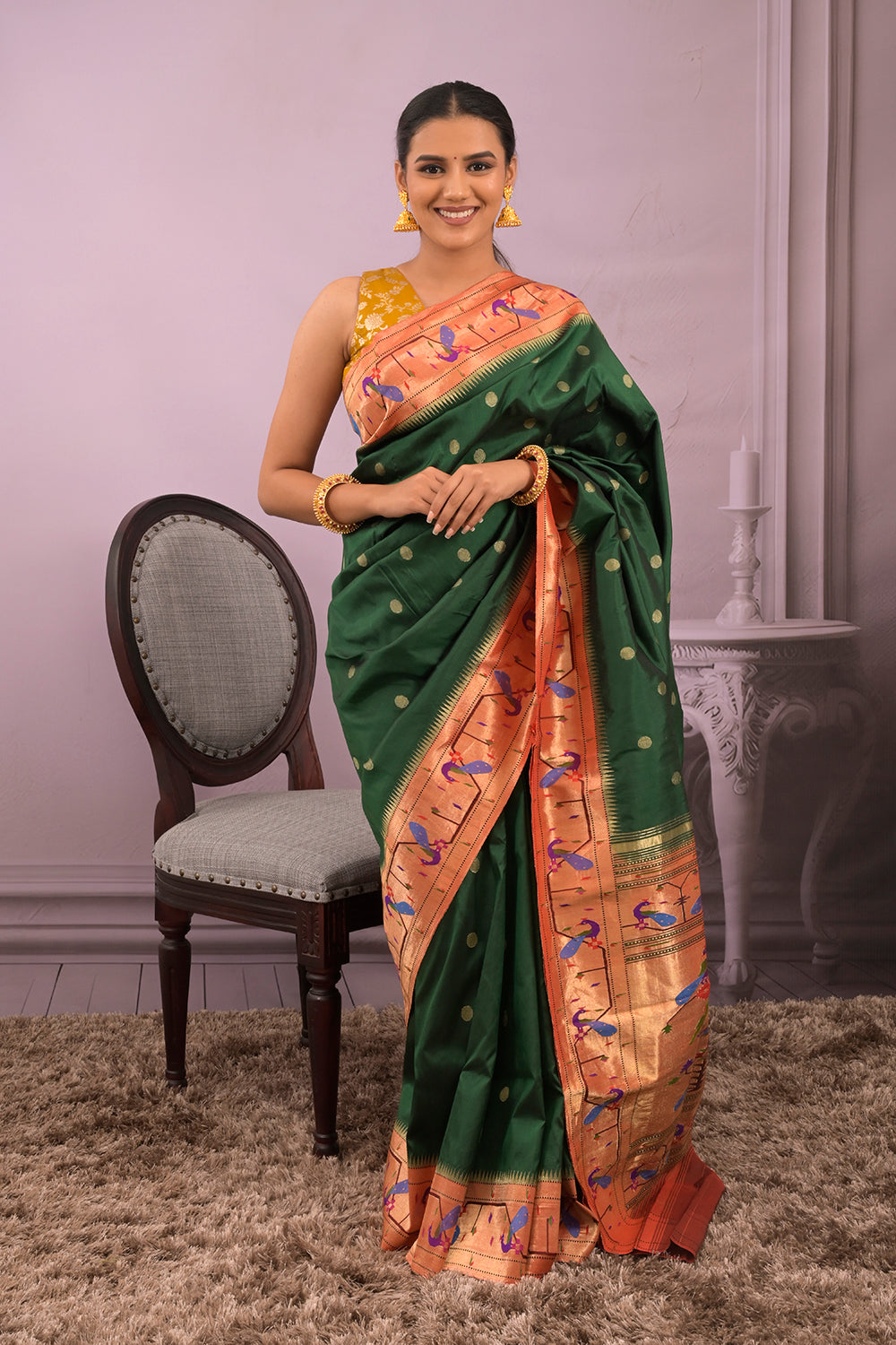Paithani Woven Gold Jari Motifs With Peacock Border