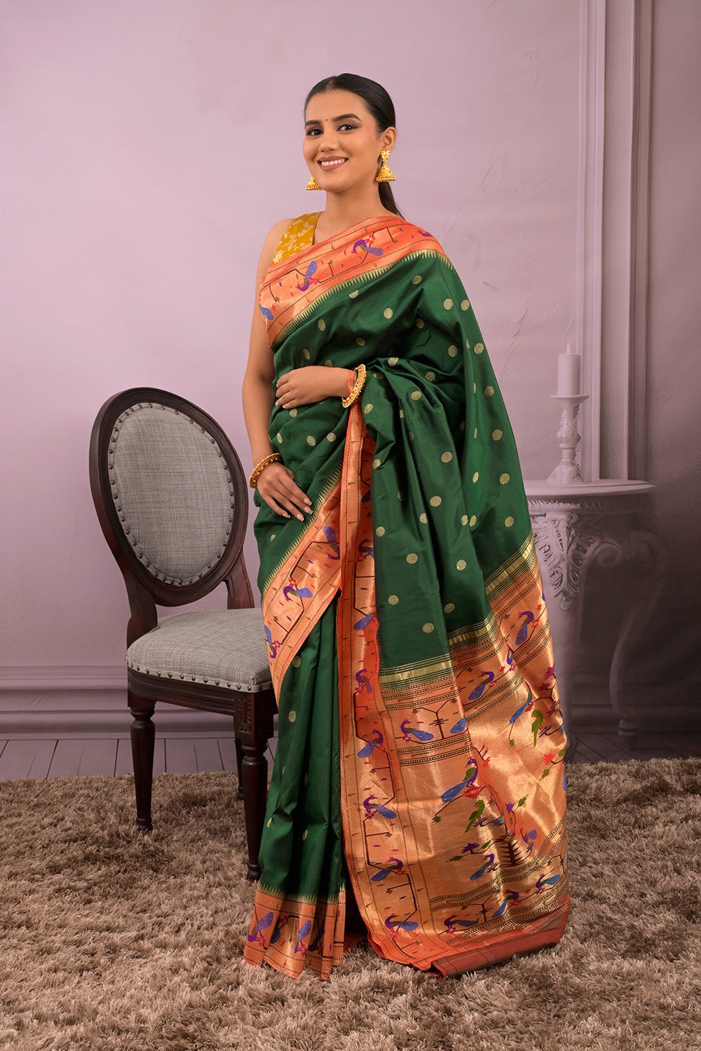 Paithani Woven Gold Jari Motifs With Peacock Border