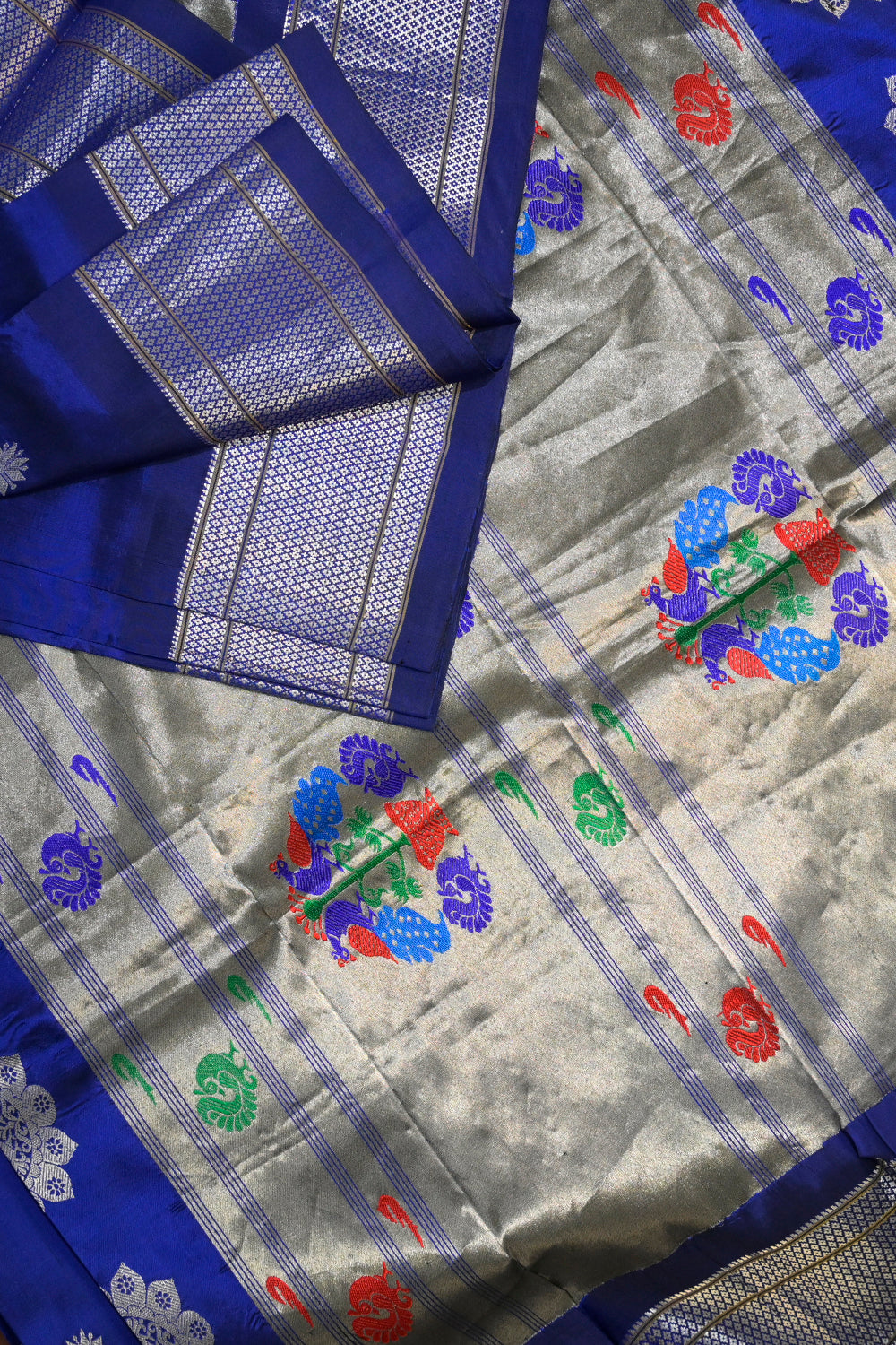 9yard Handwoven Pure Paithani Silver Zari
