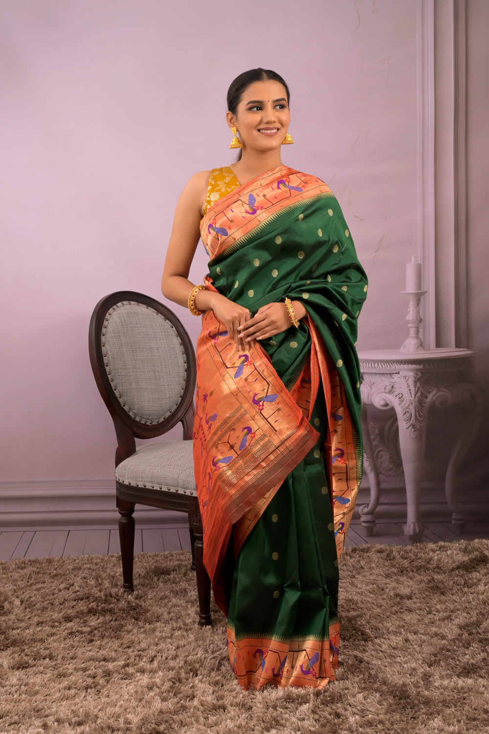 Paithani Woven Gold Jari Motifs With Peacock Border