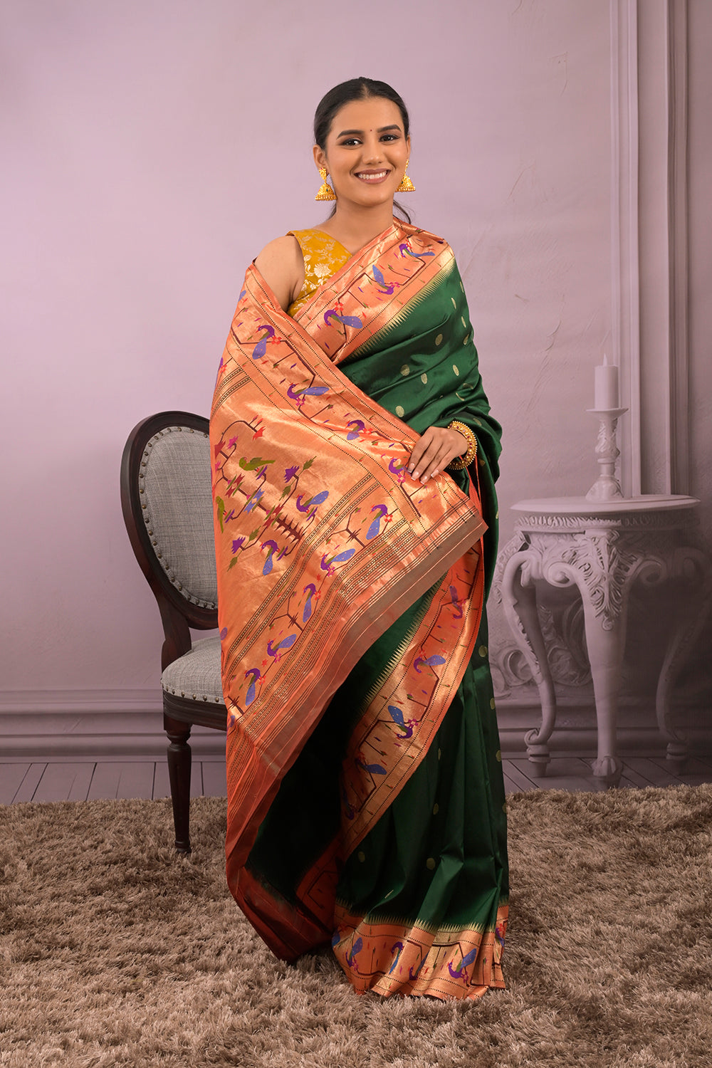 Paithani Woven Gold Jari Motifs With Peacock Border