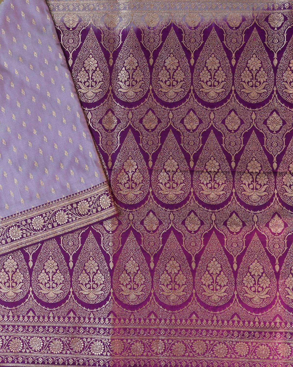 Lavender Banarasi Silk Saree with Purple Contrast & Woven Chunri Buttis