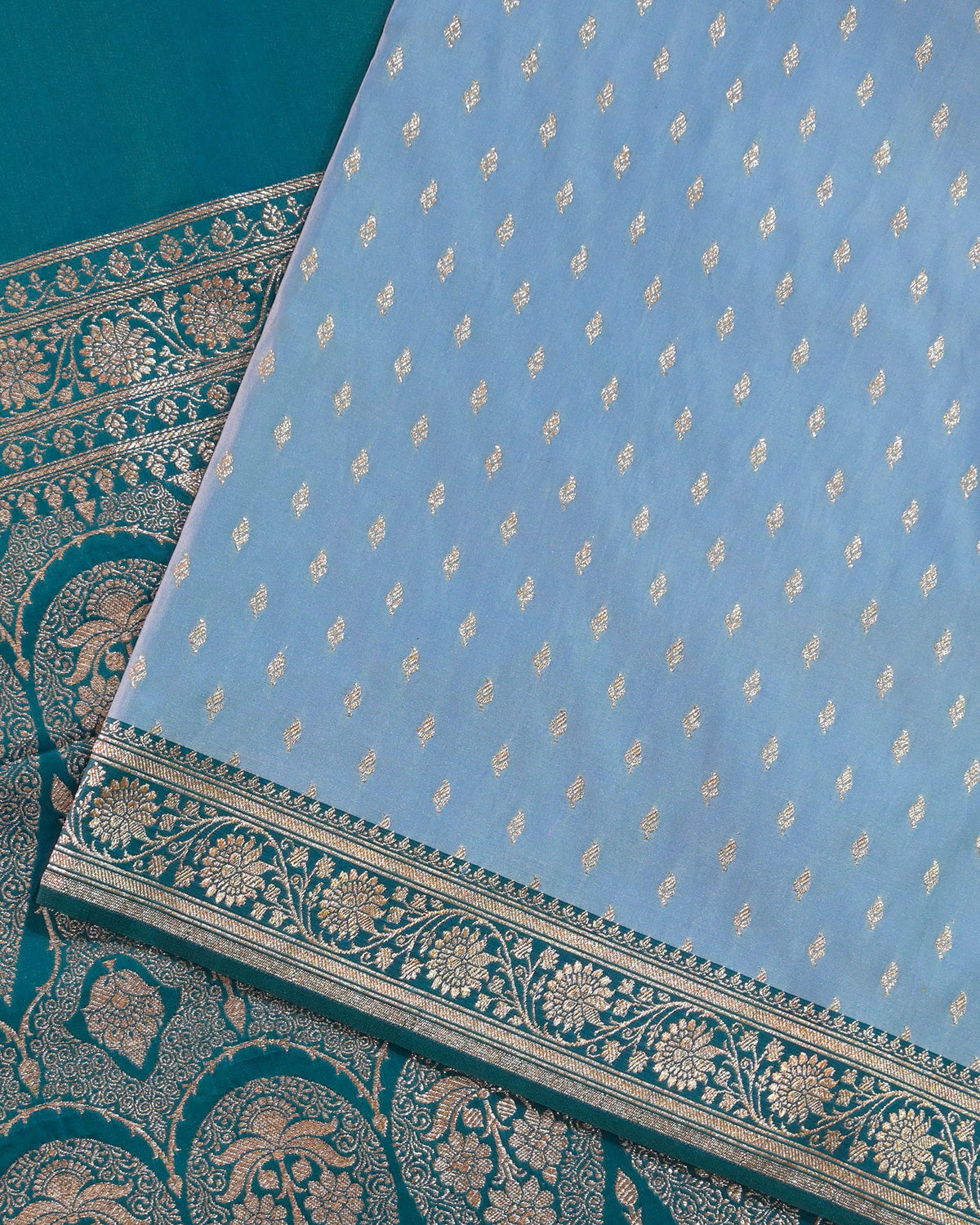Pastel blue Banarasi Silk Saree with Rama Contrast & Woven Chunri Buttis