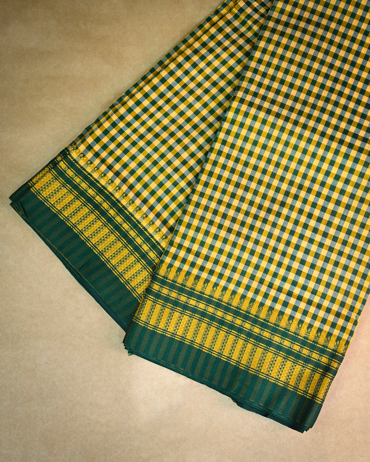 Olive Green Illkal Cotton Saree with Tam Tam Checks