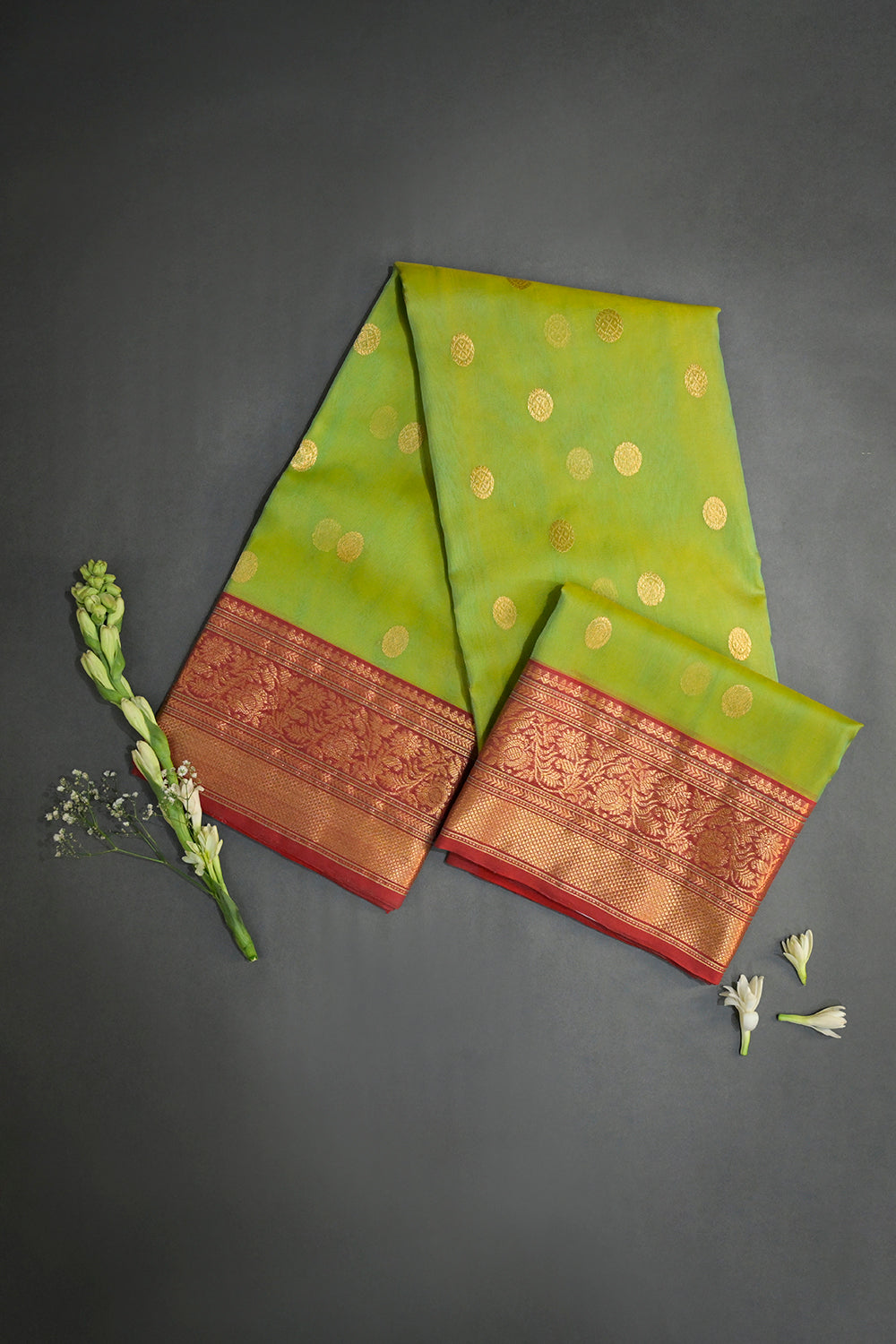 Chanderi Woven Jari Motifs With Red Contrast