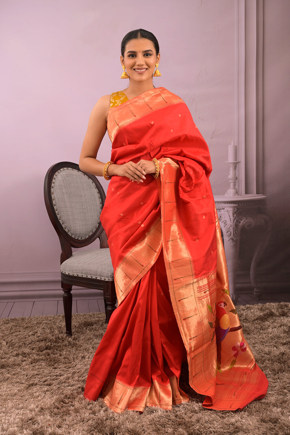 Paithani Woven Gold Jari Motifs With Single Muniya Border