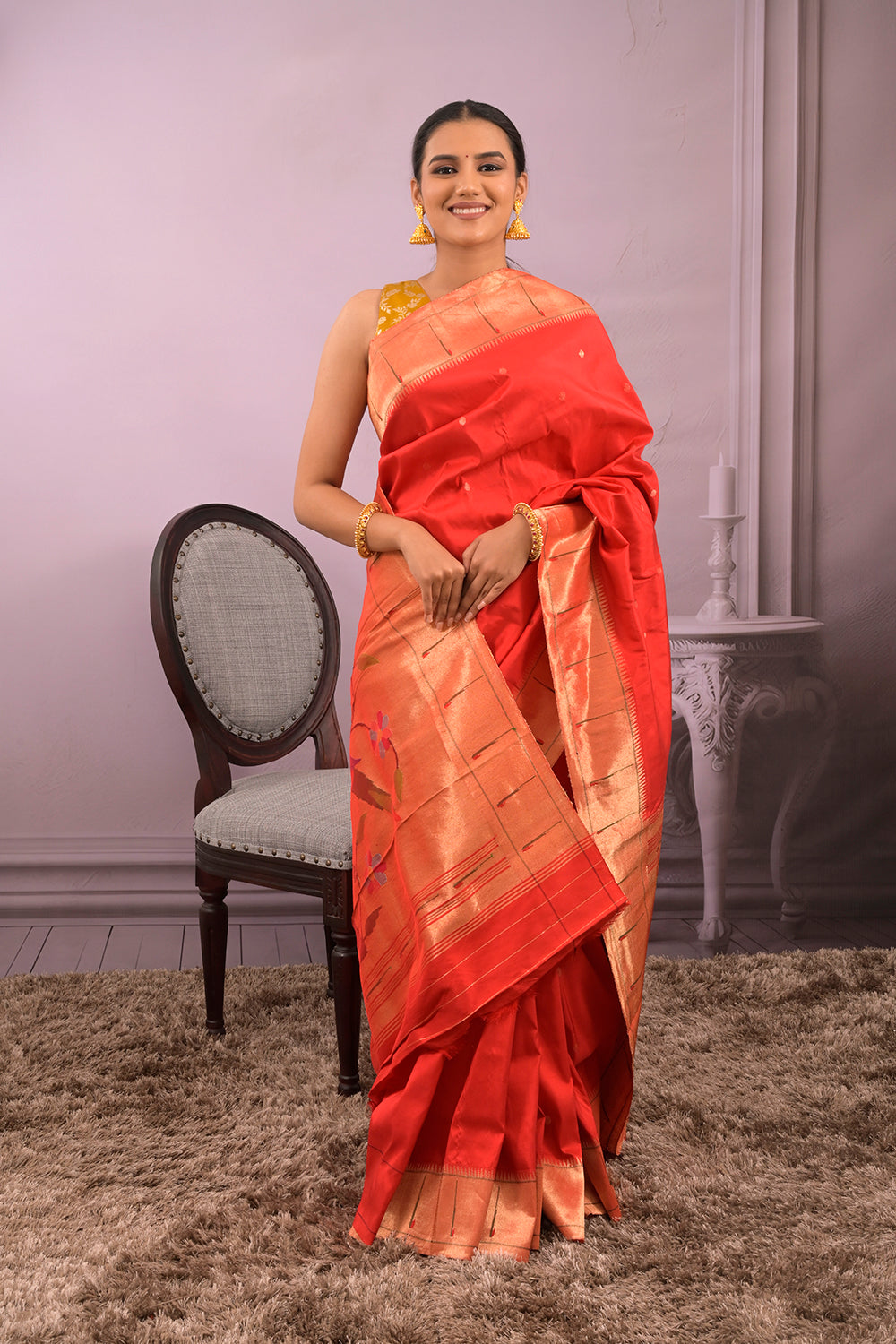 Paithani Woven Gold Jari Motifs With Single Muniya Border