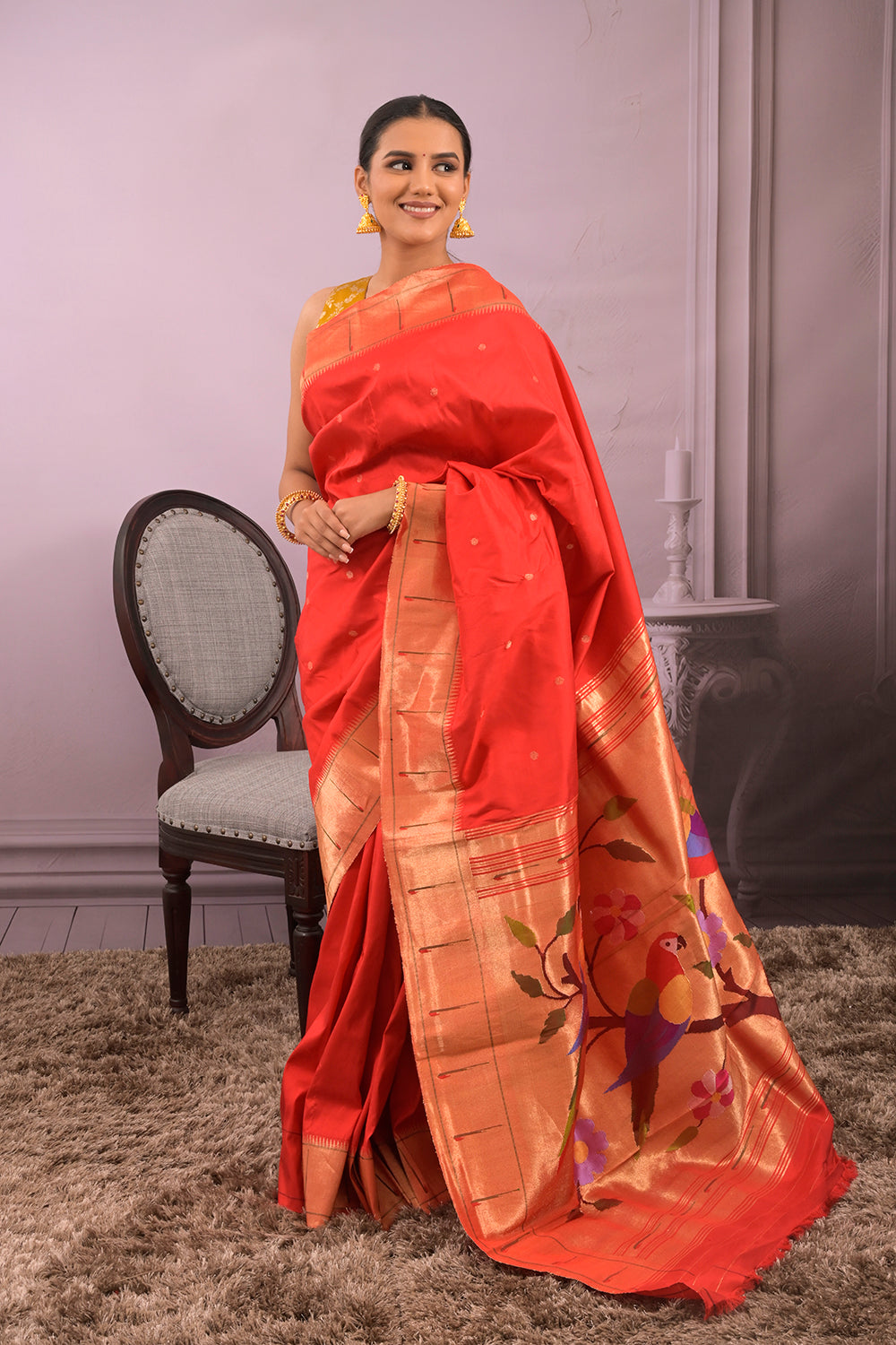 Paithani Woven Gold Jari Motifs With Single Muniya Border