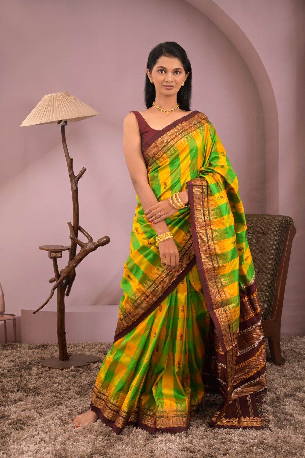 Kolhapuri Ilkal Woven Chex Pattern with Silk Motifs