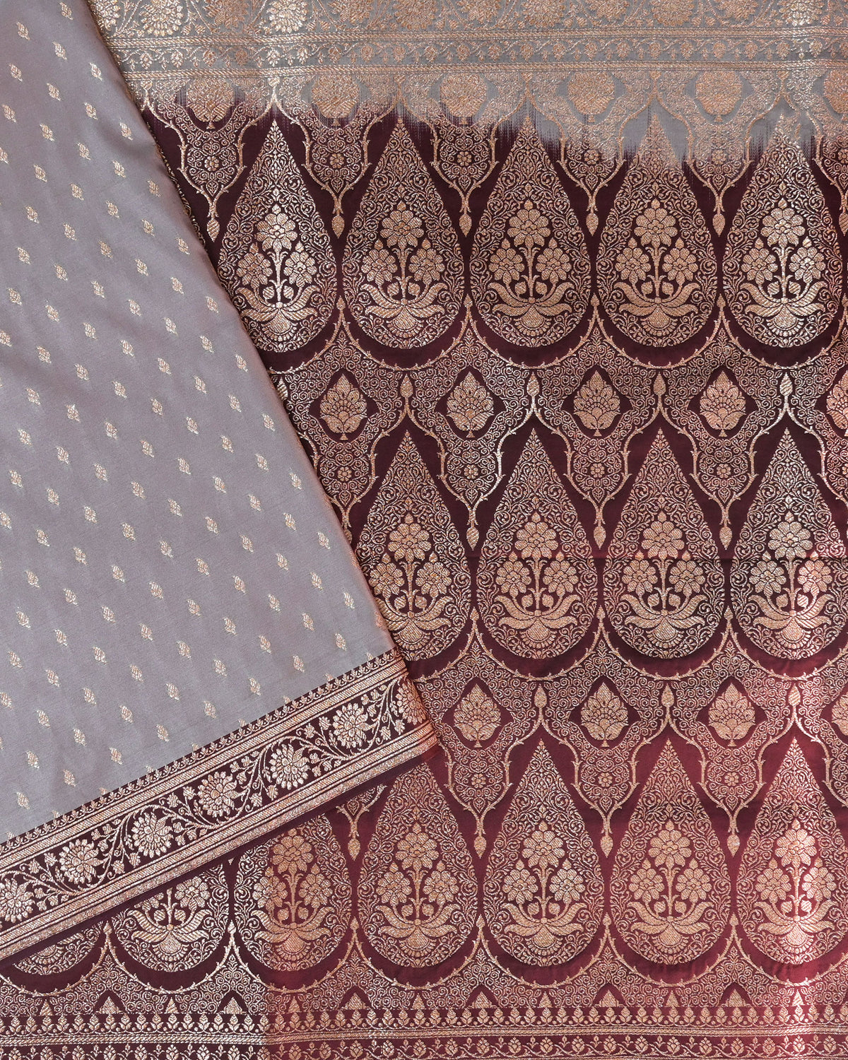 Beige Banarasi Silk Saree with Maroon Contrast & Woven Chunri Buttis
