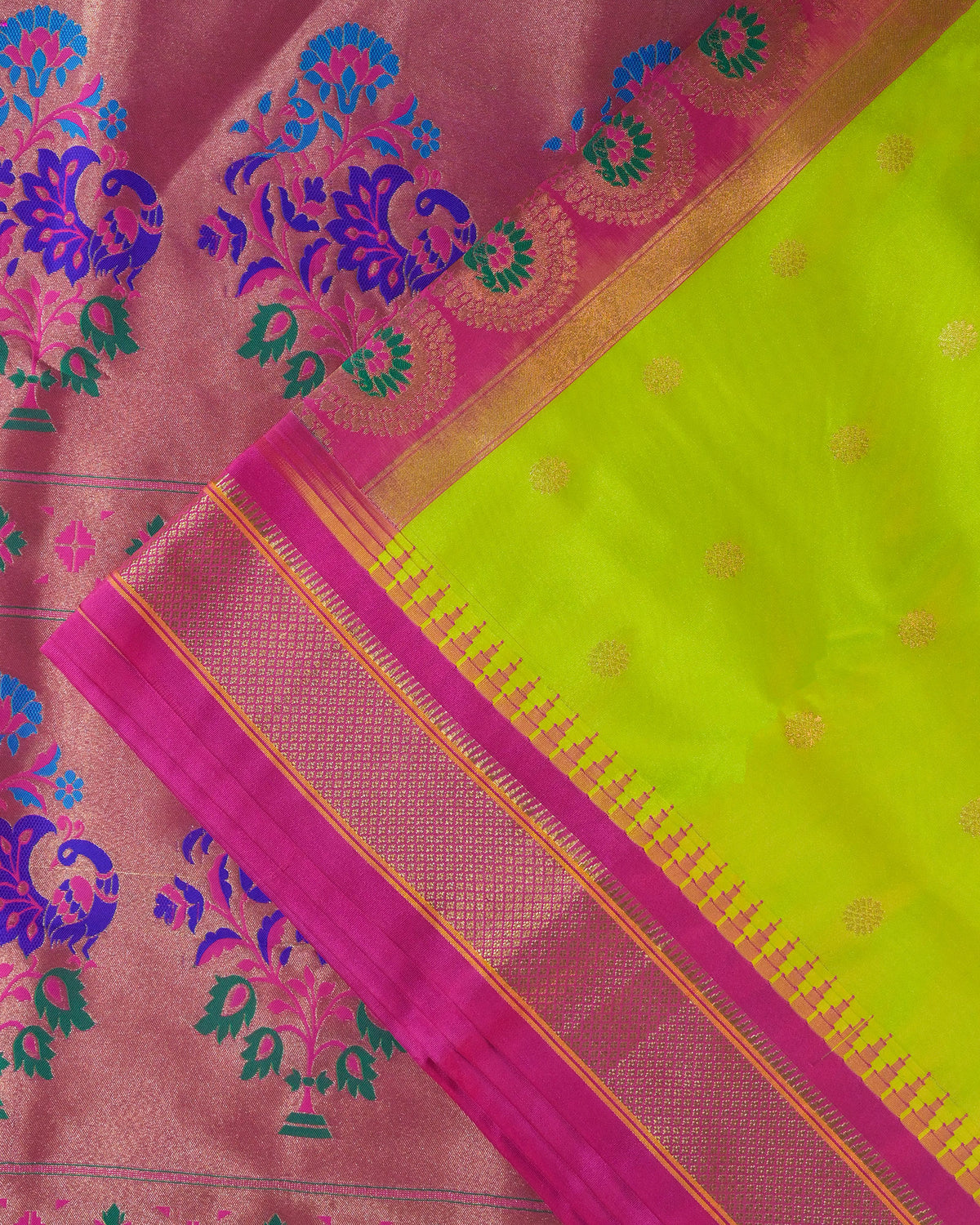 Parrot Green Semi Paithani Silk Saree with Pink Contrast & Woven Chunri Buttis
