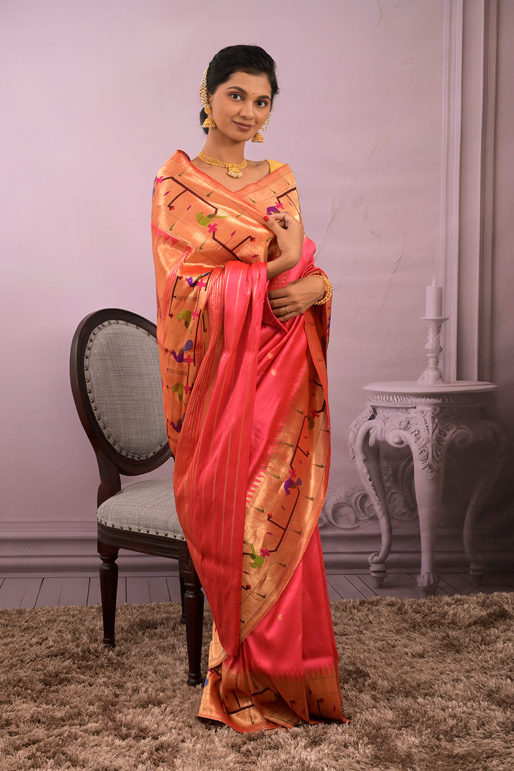 Paithani Woven Gold Jari Motifs With Peacock Border