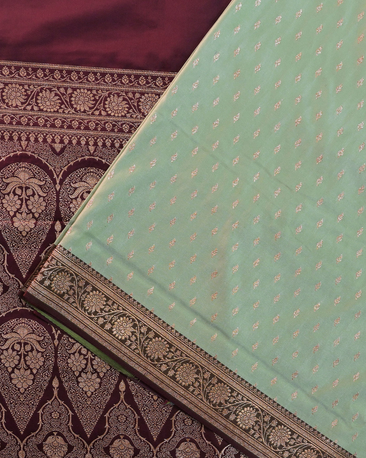 Pastel green Banarasi Silk Saree with Maroon Contrast & Woven Chunri Buttis