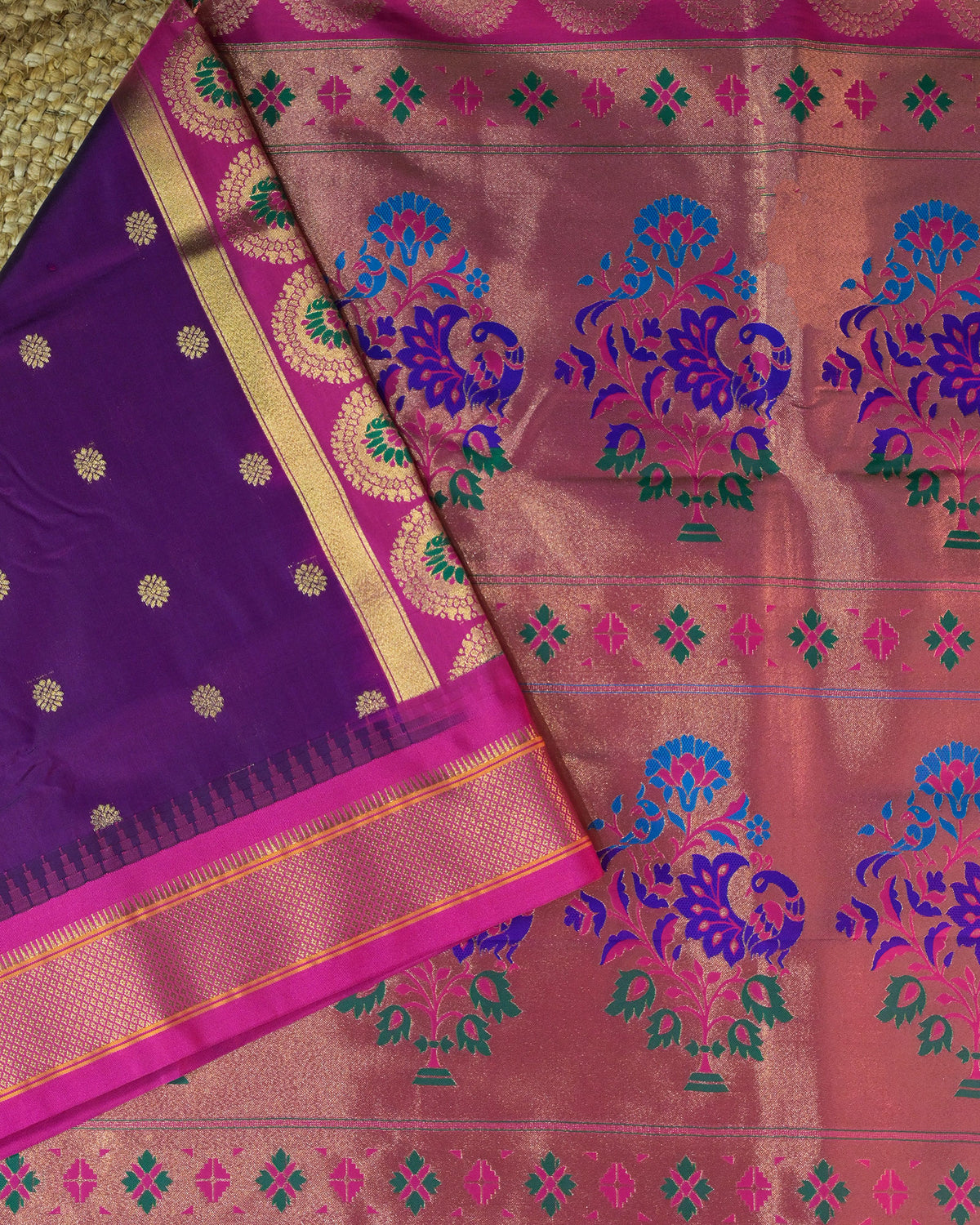 Magenta Semi Paithani Silk Saree with Pink Contrast & Woven Chunri Buttis