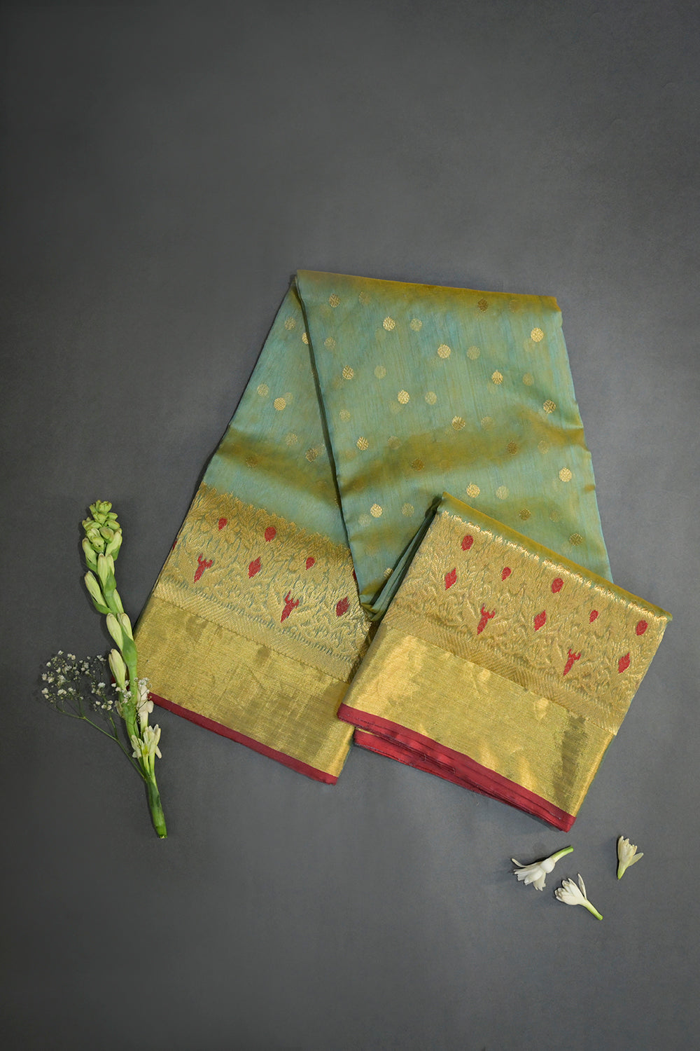 Chanderi Woven Jari Motifs With Jari Double Border