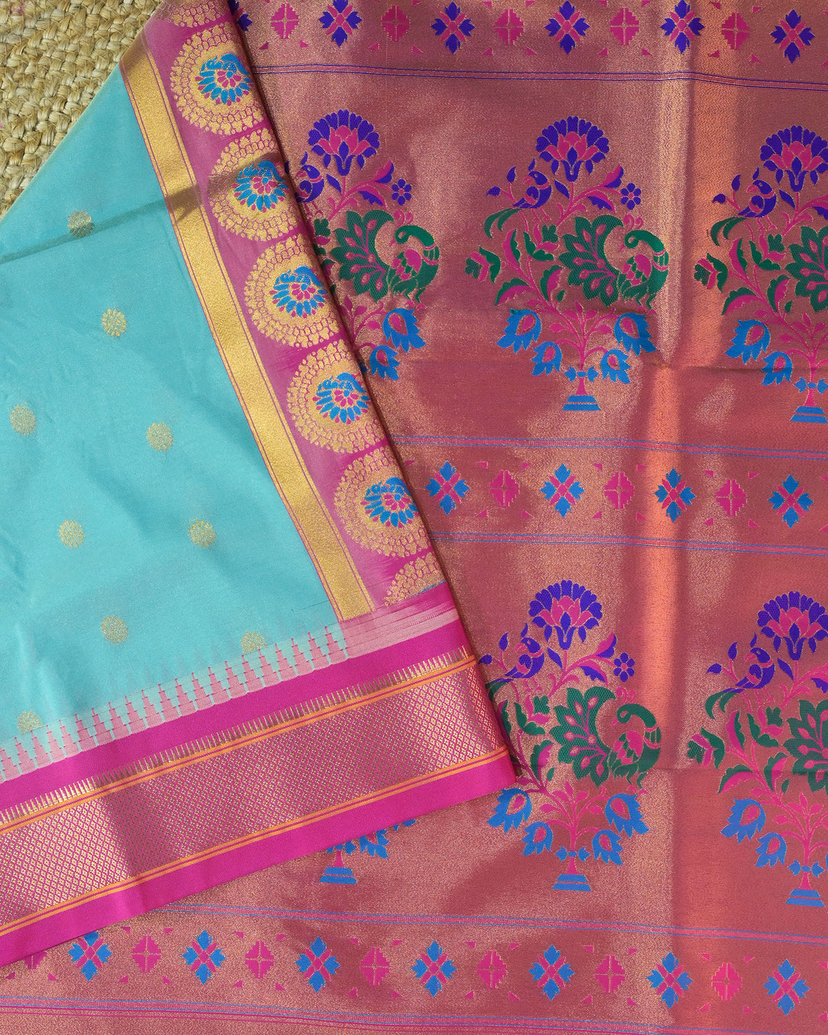 Pastel Blue Semi Paithani Silk Saree with Pink Contrast & Woven Chunri Buttis