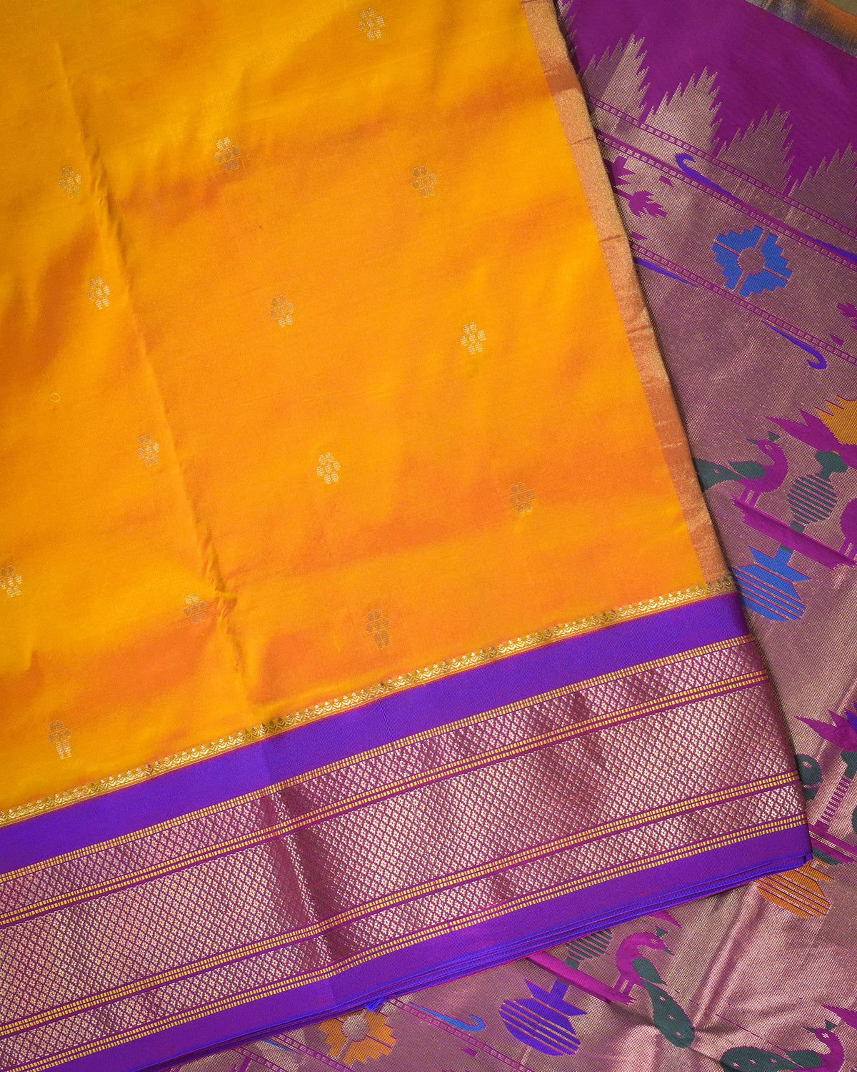 Lemon yellow Silk Paithanis Woven paithani with purple contrast