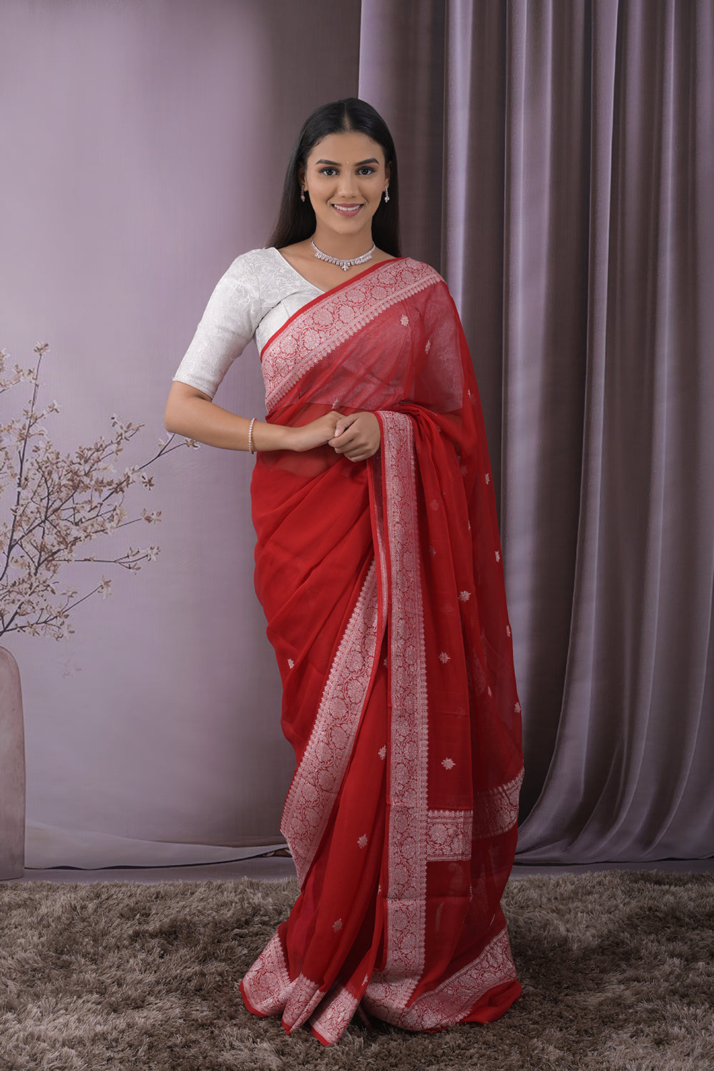 Georgette Woven Silver Jari Buttis All Over