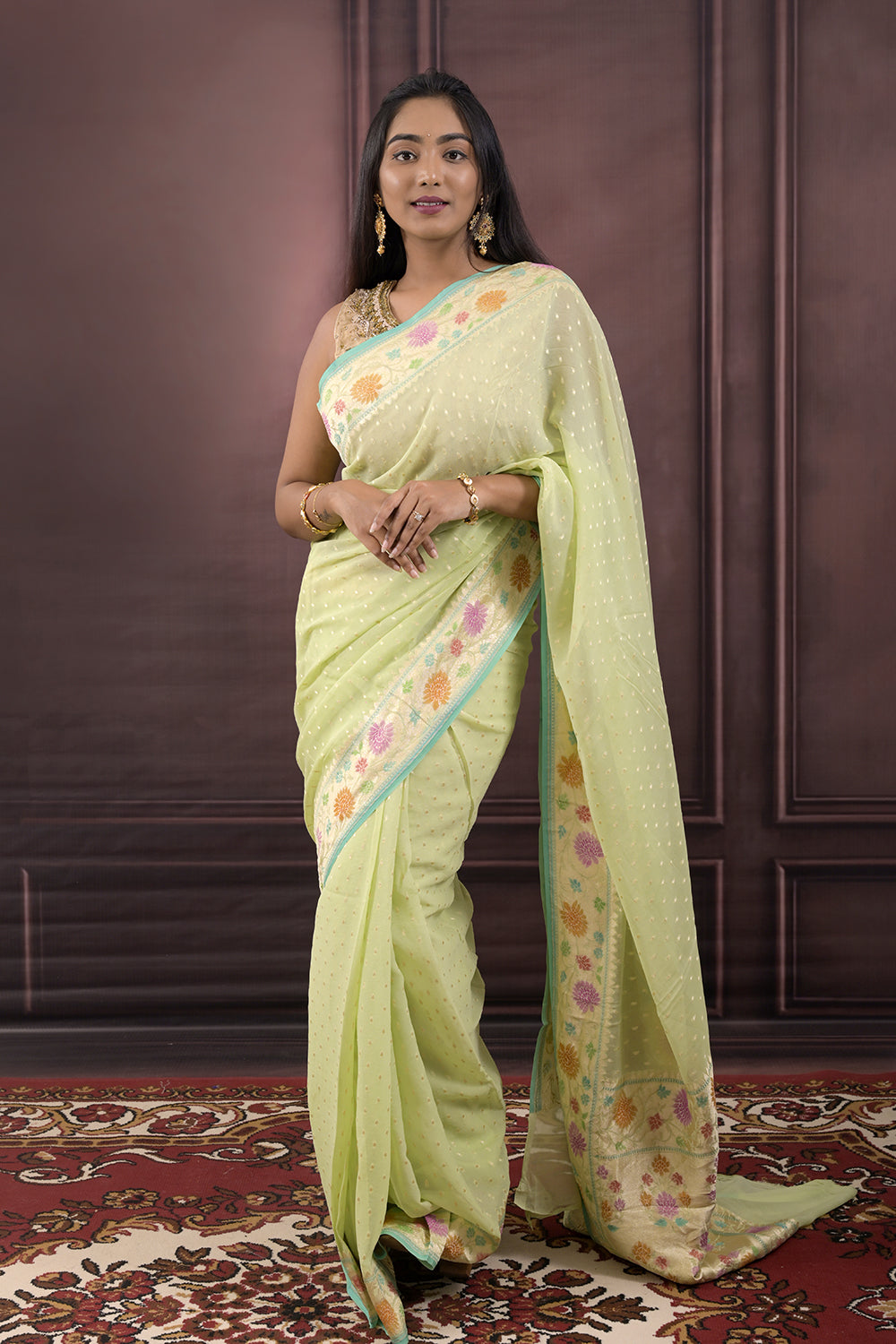 Georgette Woven Gold Jari Buttis With Lotus Border
