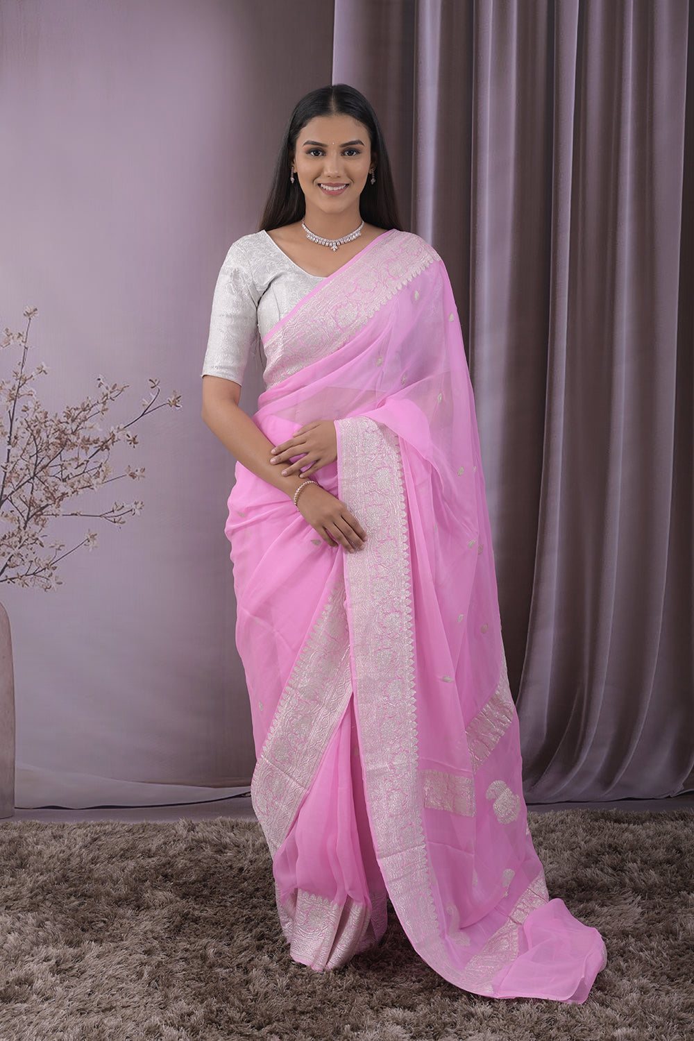 Georgette Woven Silver Jari Buttis All Over