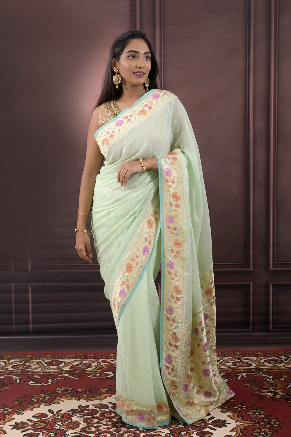 Georgette Woven Gold Jari Buttis With Lotus Border