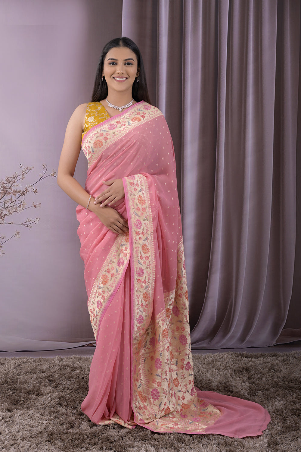 Georgette Woven Gold Jari Buttis With Lotus Border