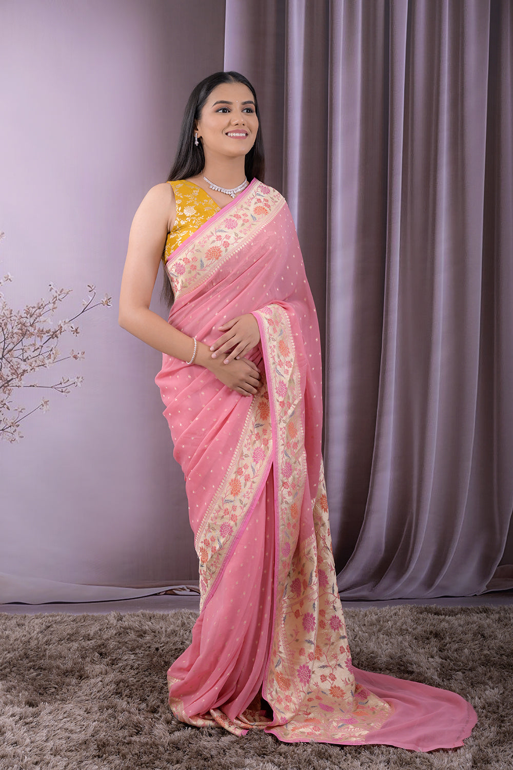 Georgette Woven Gold Jari Buttis With Lotus Border