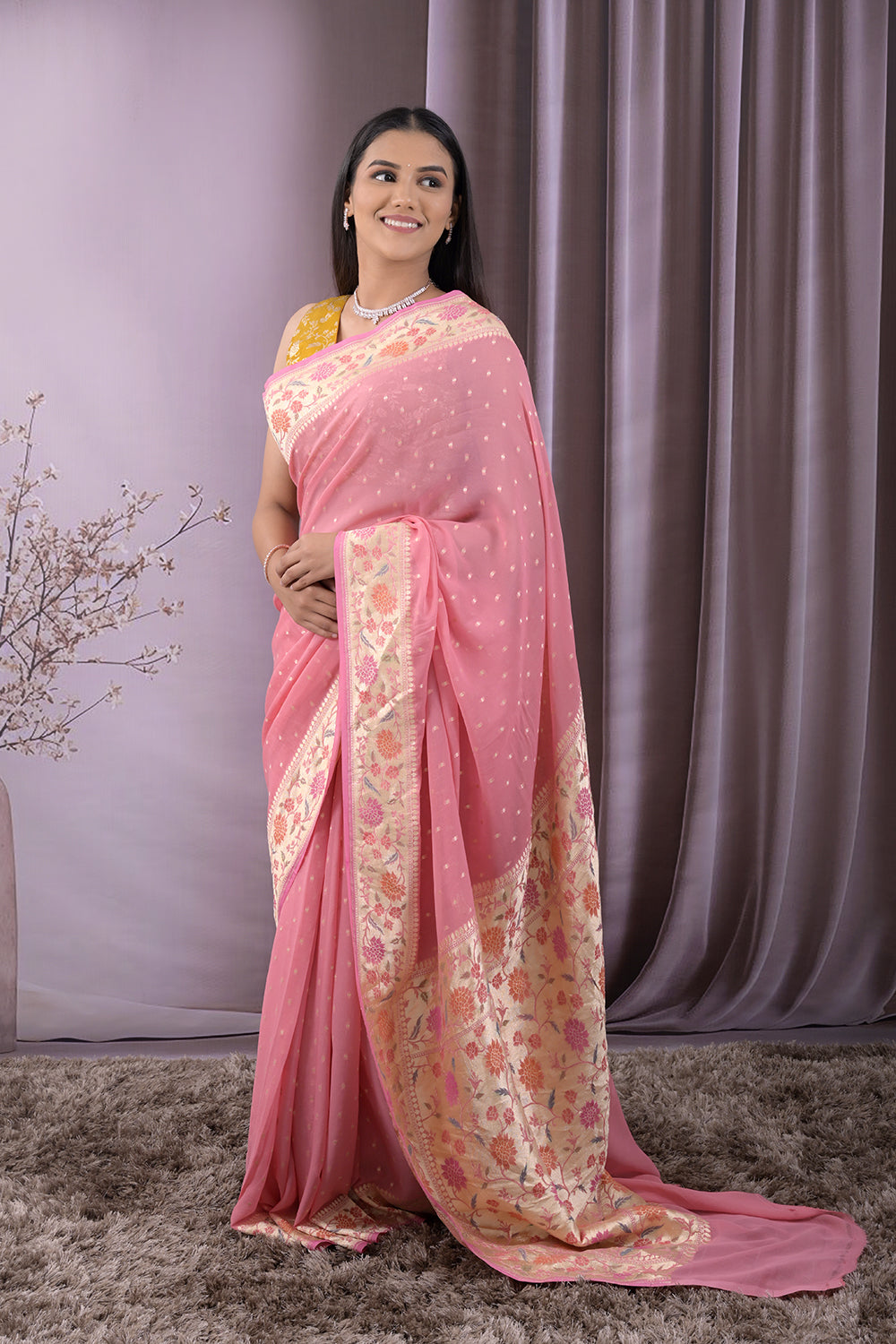 Georgette Woven Gold Jari Buttis With Lotus Border