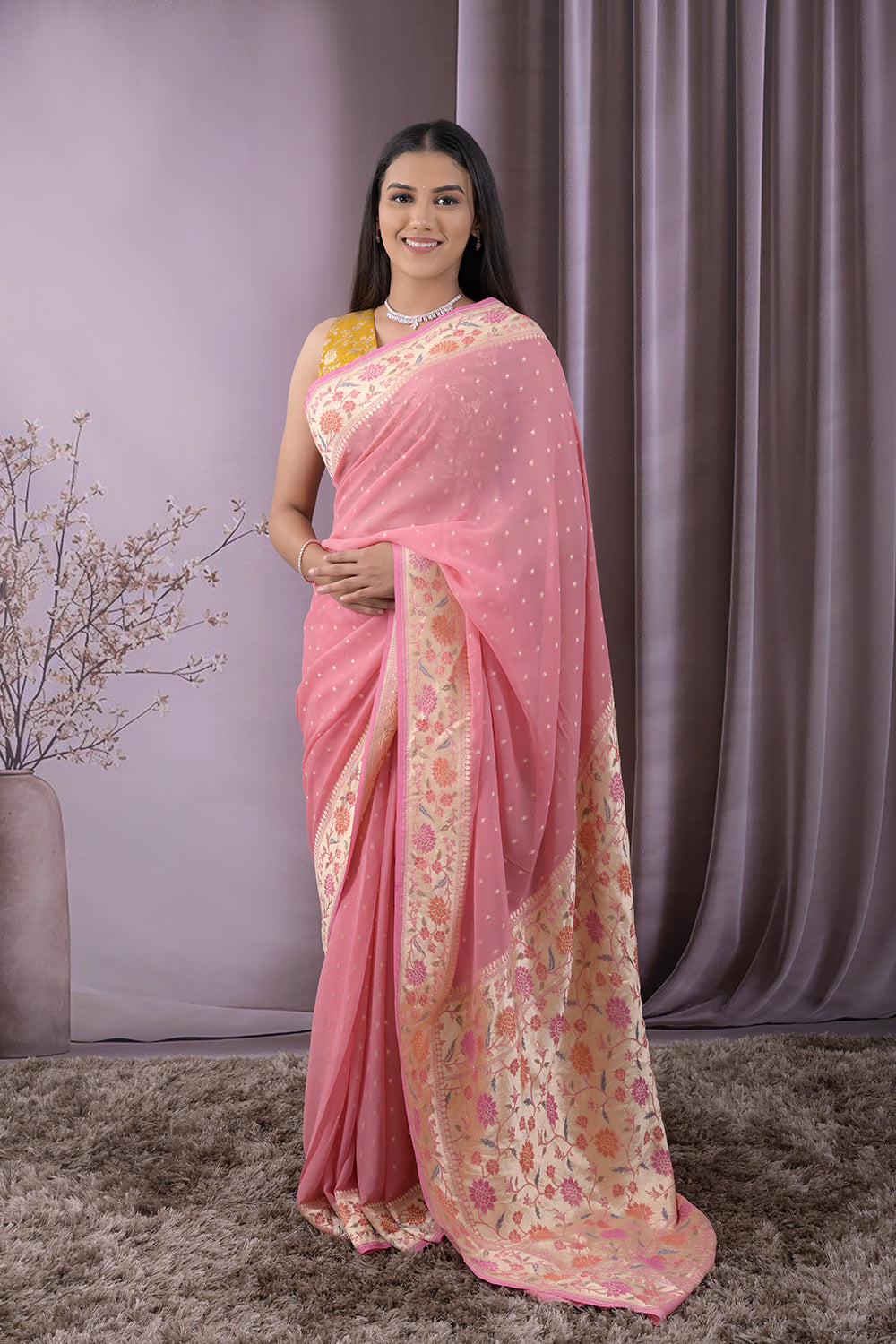 Georgette Woven Gold Jari Buttis With Lotus Border