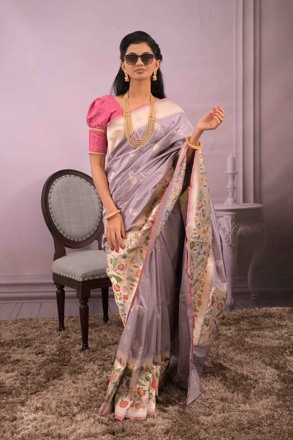 Banarasi Woven Gold Jari with Peacock Parrot Border