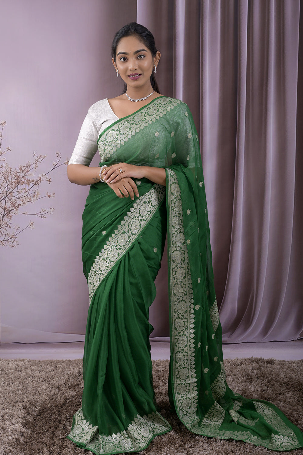 Georgette Woven Silver Jari Buttis All Over