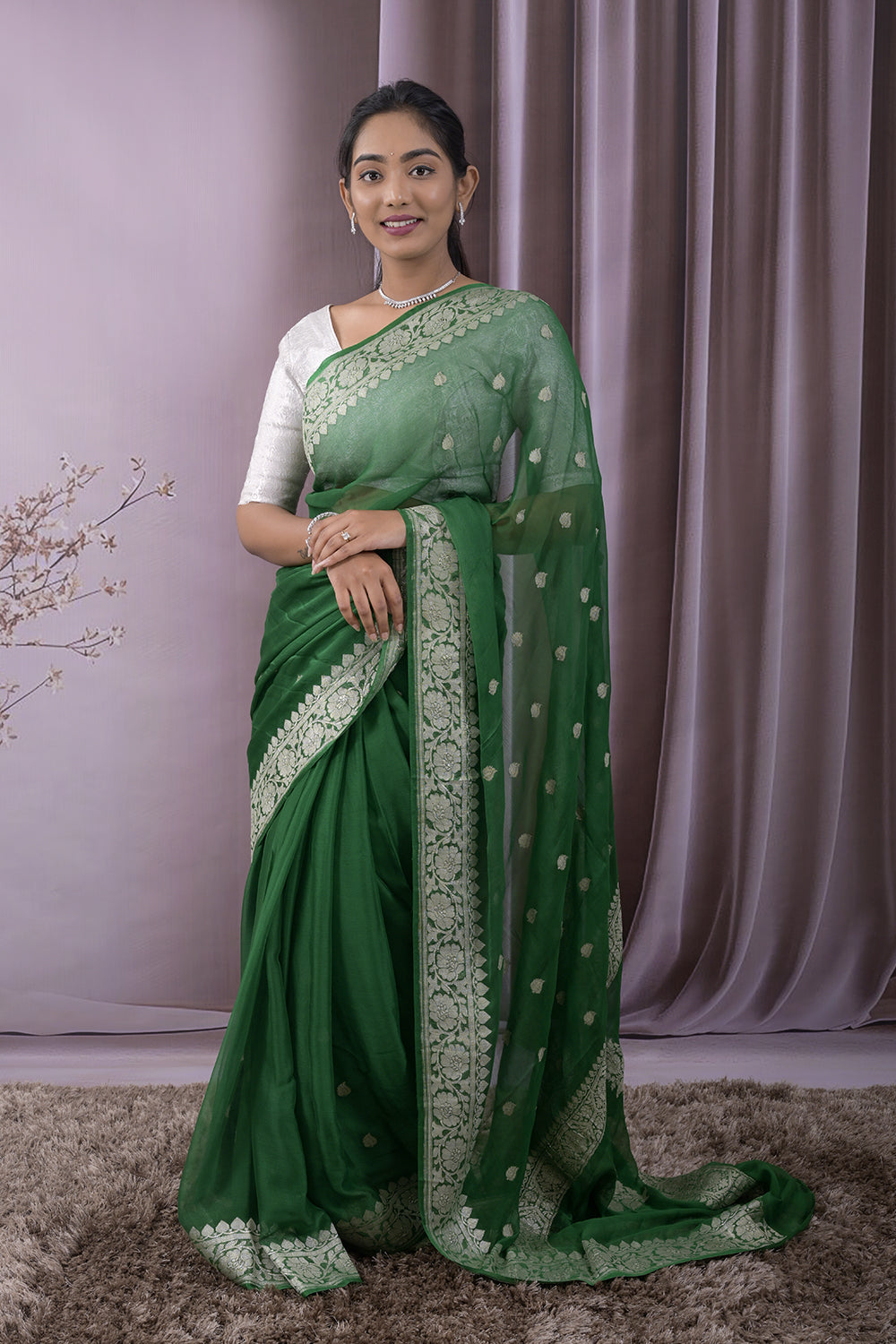 Georgette Woven Silver Jari Buttis All Over